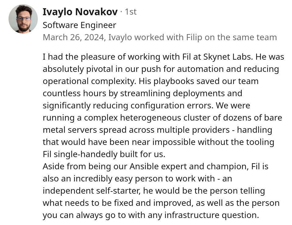 Filip Rysavy: Reference from Ivaylo Novakov, a Software Developer at an unnamed startup