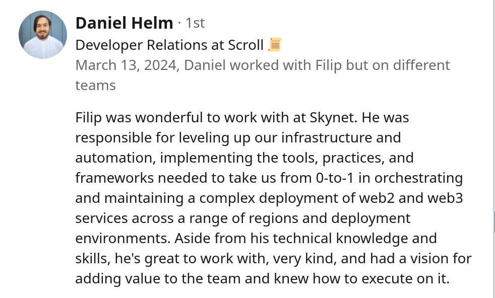 Filip Rysavy: Recommendation by Daniel Helm, a Developer Relations at Scroll