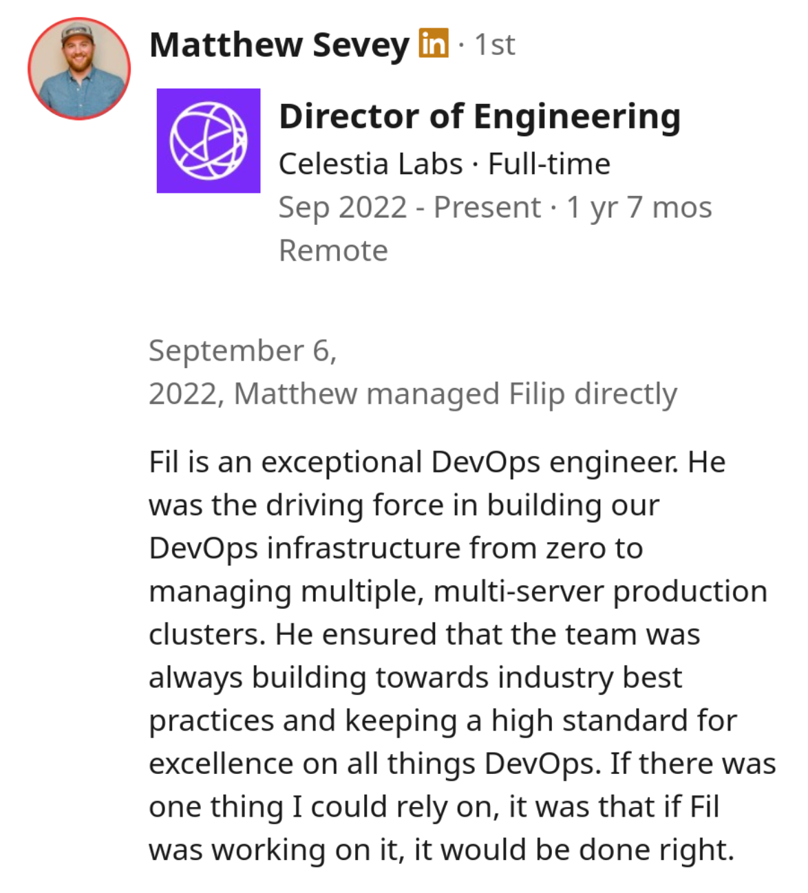 Filip Rysavy: Ansible/DevOps testimonial by a Director of Engineering Matthew Sevey